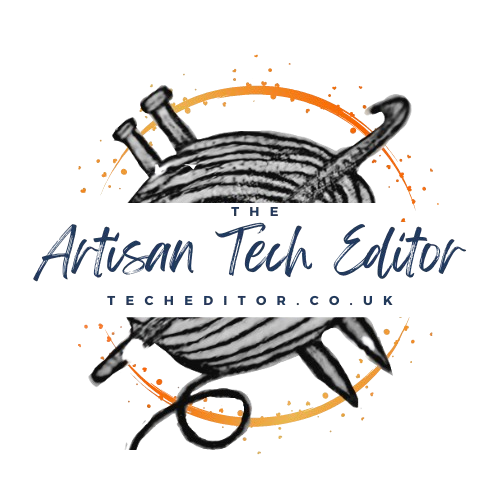 Artisan Tech Editor Logo, navy blue script text overlays a great yarn ball with crochet hook and knitting needles, surrounded by an orange circle.