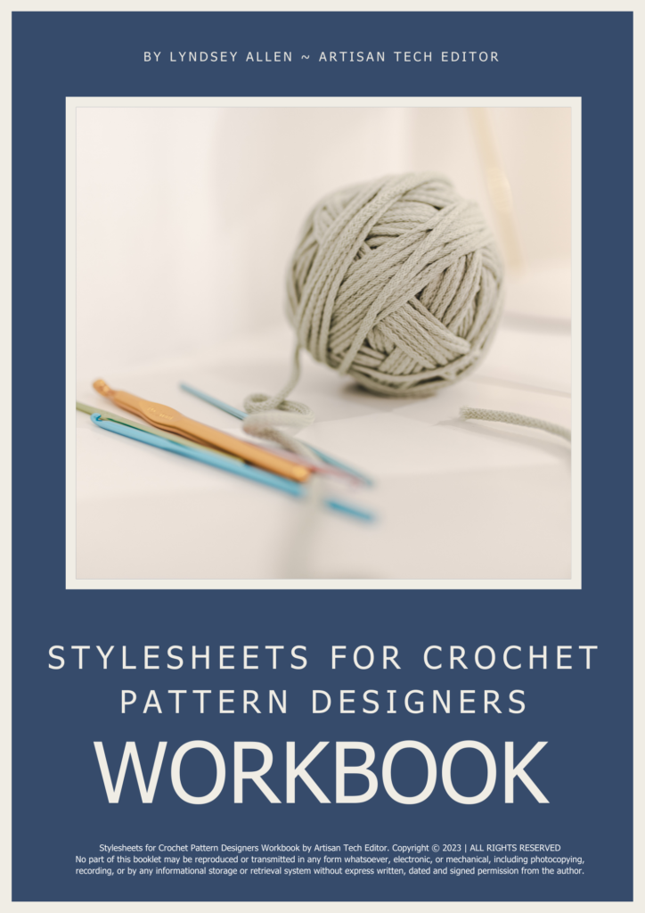 Stylesheets for Crochet Pattern Designers DIY Workbook image of hooks and yarn in pastel colours with a navy background